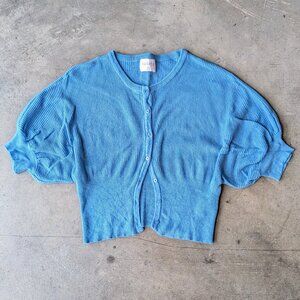 Compañía Fantástica Blue Ribbed Knit Short Sleeve Puff Sleeve Cardigan Sweater